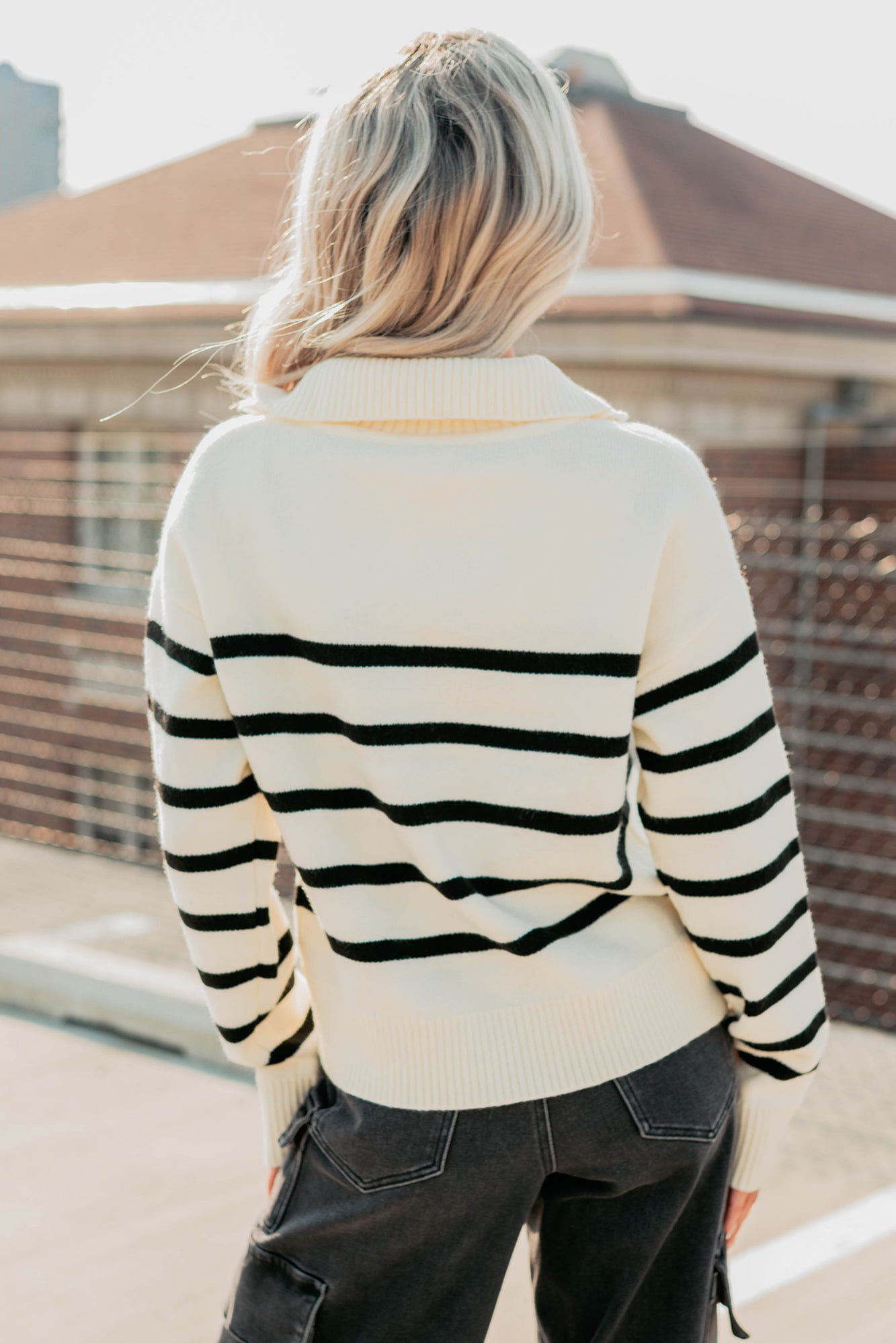 Winter Warmth Quarter Zip Stripe Sweater (Cream/Black) - NanaMacs