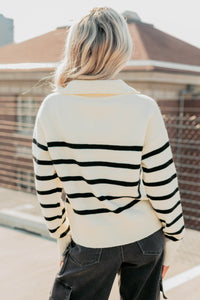 Winter Warmth Quarter Zip Stripe Sweater (Cream/Black) - NanaMacs