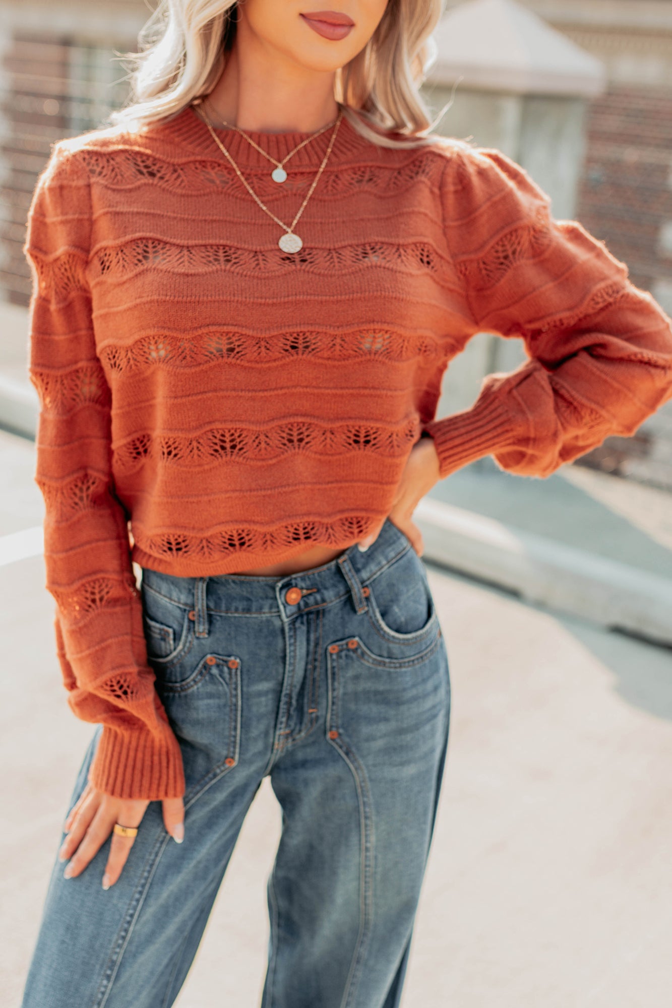 Quiet Mornings Open Knit Detailed Sweater (Terracotta) · NanaMacs