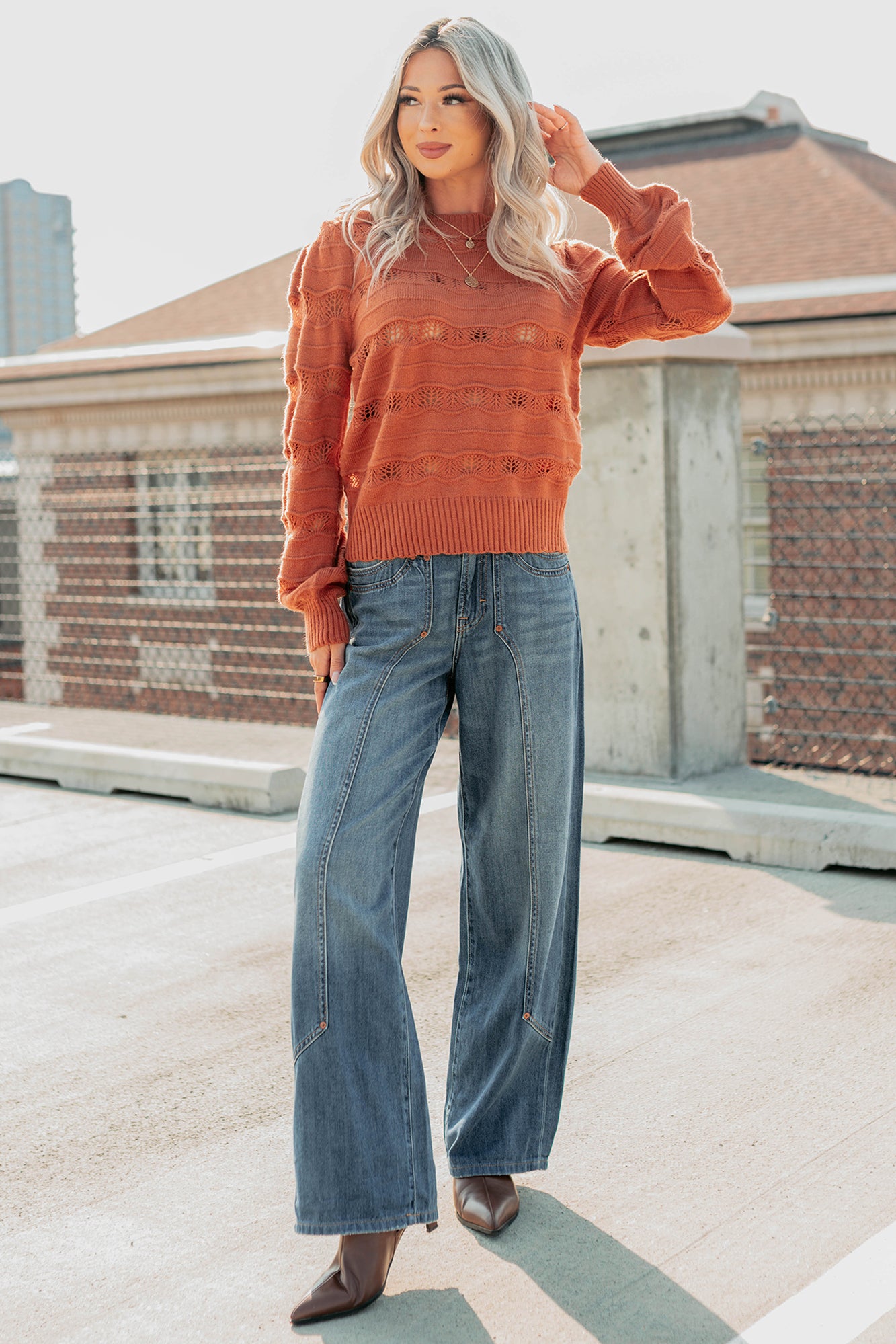 Quiet Mornings Open Knit Detailed Sweater (Terracotta) - NanaMacs