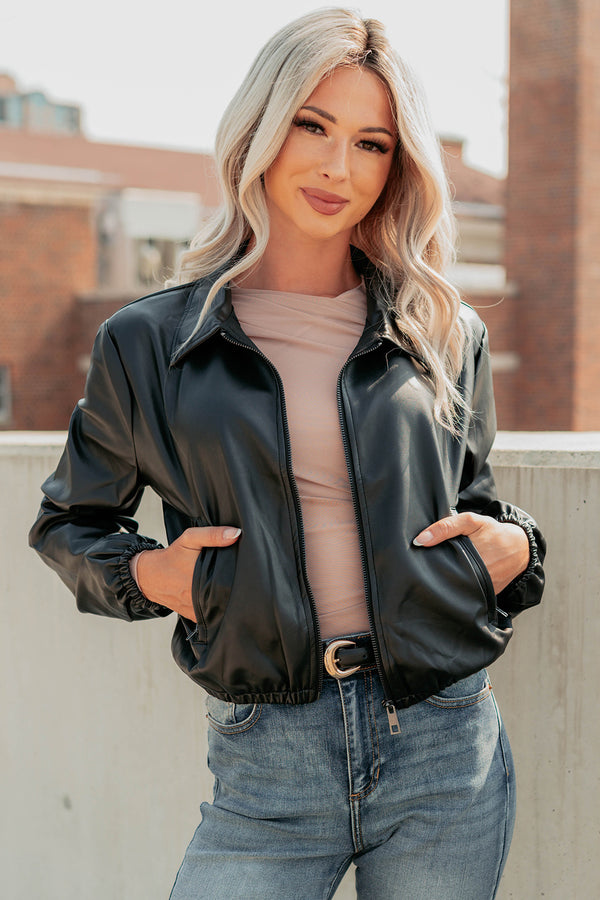 Fearless Moves Faux Leather Zip-Up Jacket (Black) - NanaMacs