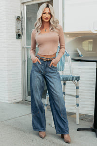 Say It First Scoop Neck Long Sleeve Crop Top (Dark Taupe) - NanaMacs