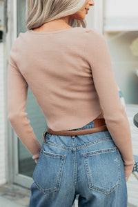 Say It First Scoop Neck Long Sleeve Crop Top (Dark Taupe) - NanaMacs