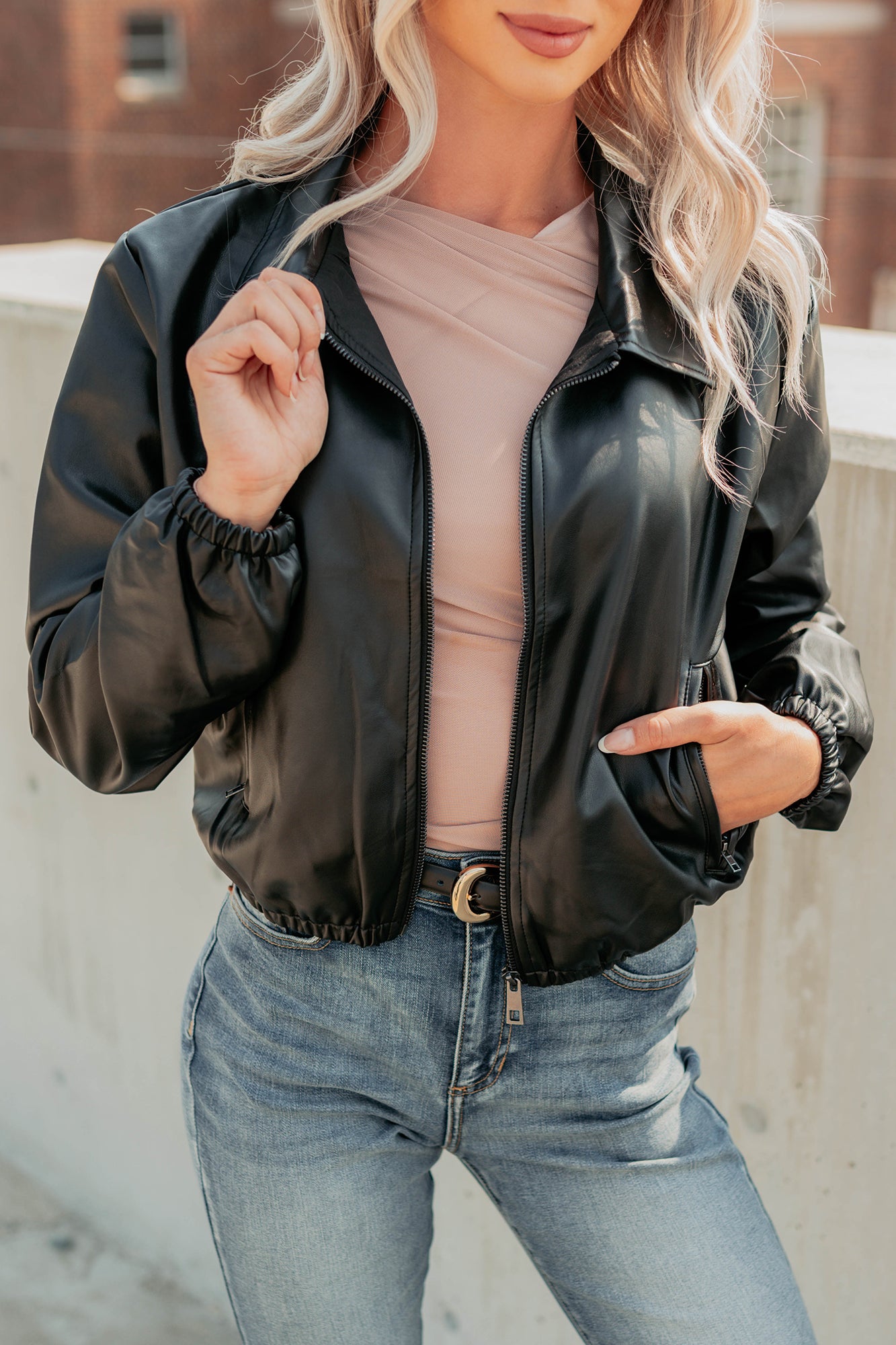 Fearless Moves Faux Leather Zip-Up Jacket (Black) - NanaMacs