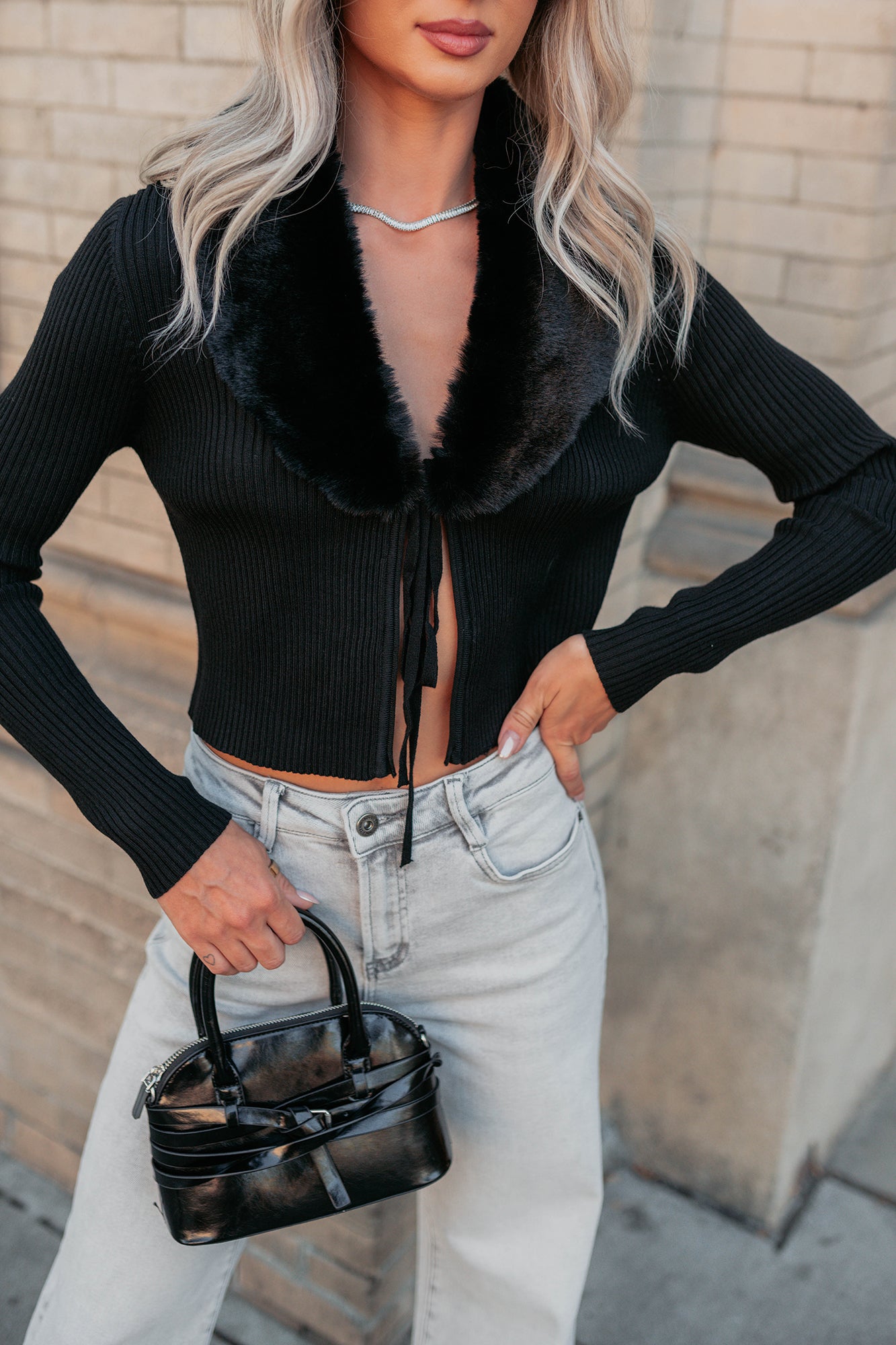 Glitz Happens Detachable Fur Collar Top (Black) - NanaMacs