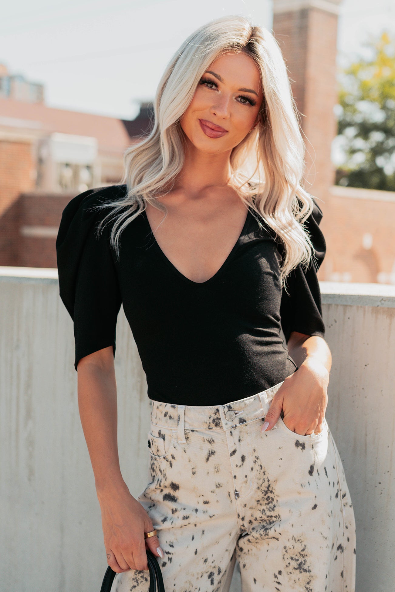 Limitless Nights Deep V Puff Sleeve FORE Bodysuit (Black) - NanaMacs