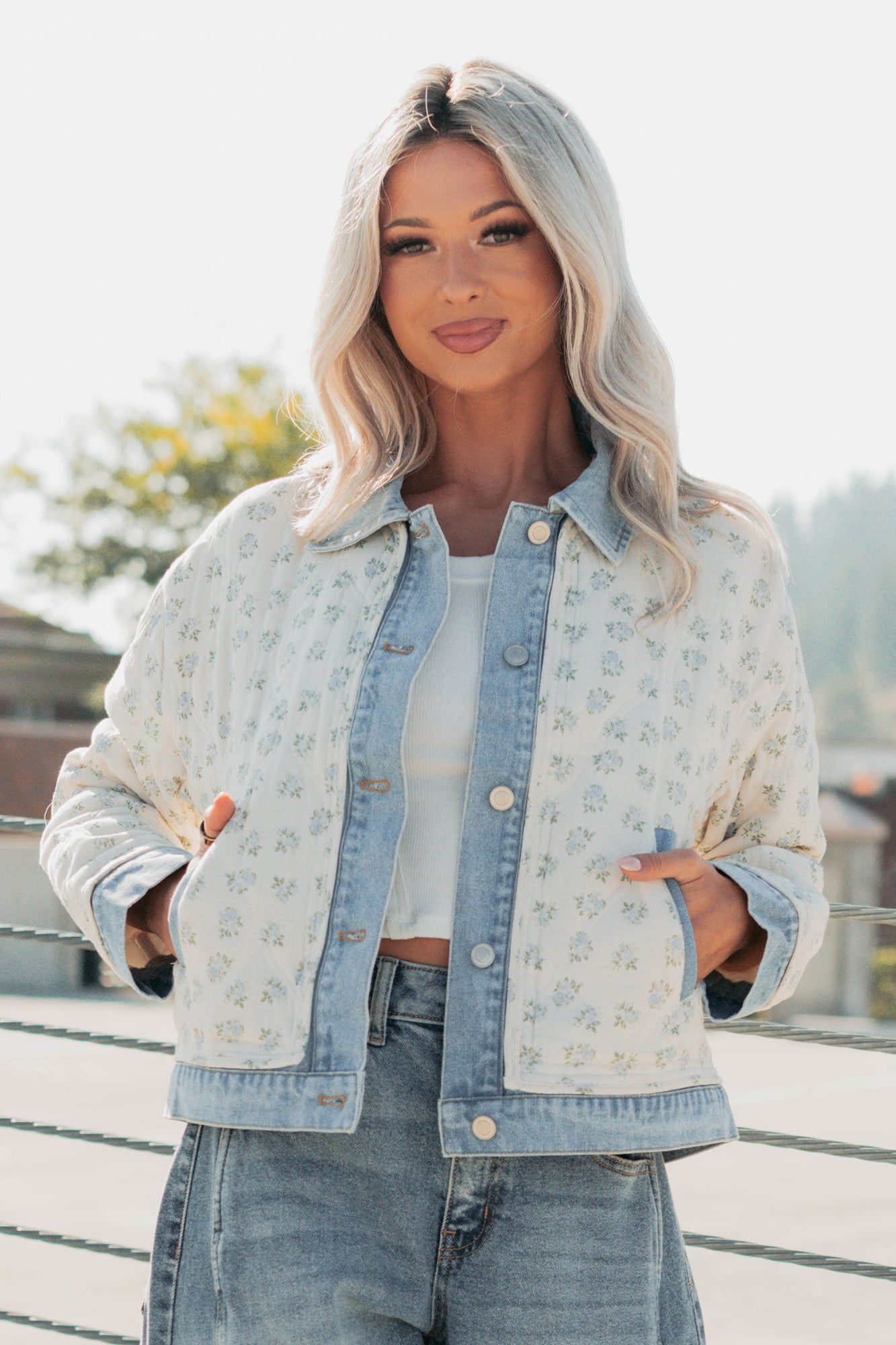 Breezy Mood Floral Quilted Denim Jacket (Ivory/Blue) - NanaMacs