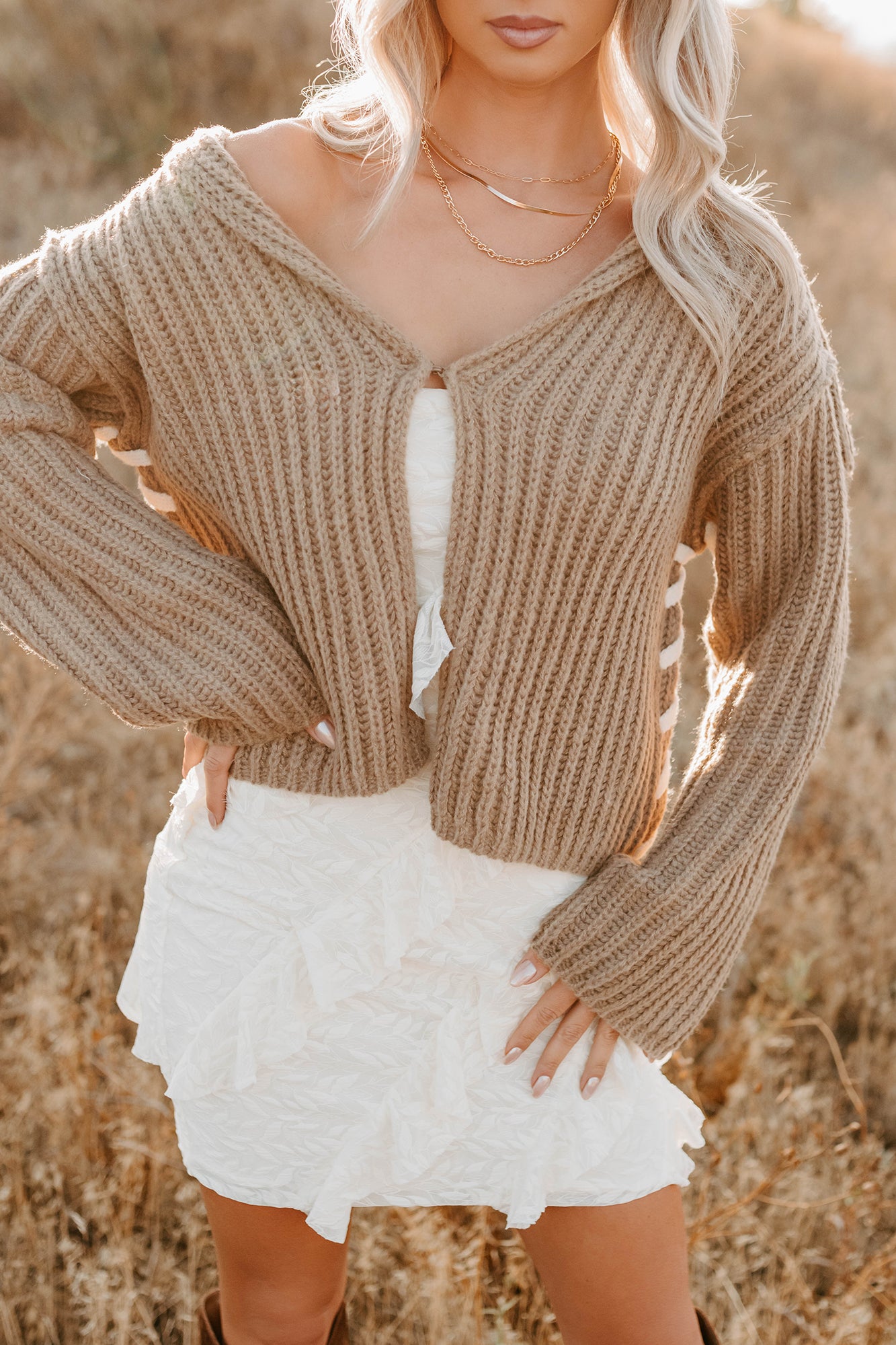 Fading Embers Stitch Sleeve Cardigan (Sand) - NanaMacs