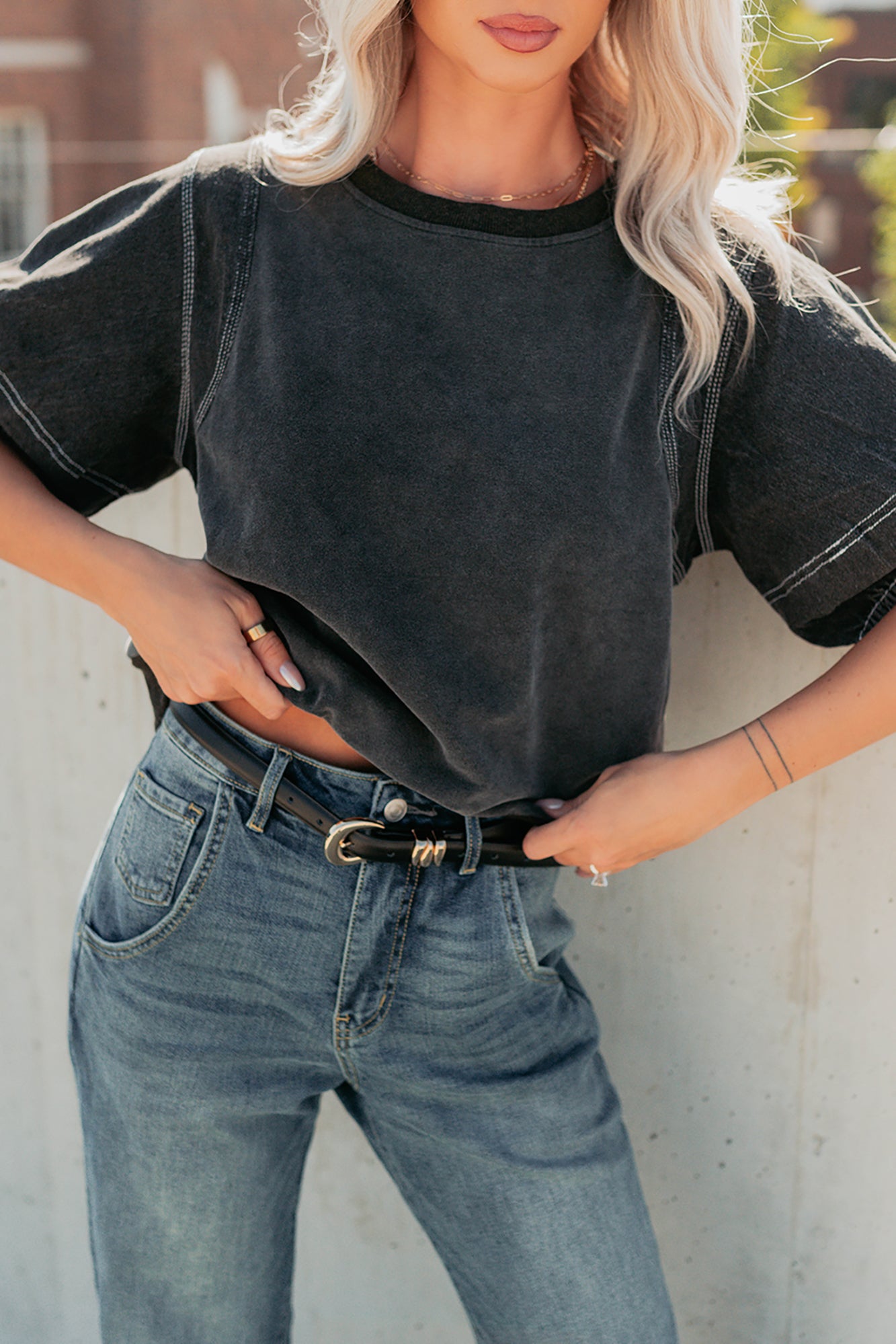 Serene Sparkle Washed Puff Sleeve Top (Vintage Black) - NanaMacs