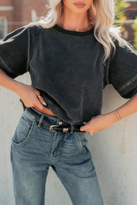 Serene Sparkle Washed Puff Sleeve Top (Vintage Black) - NanaMacs