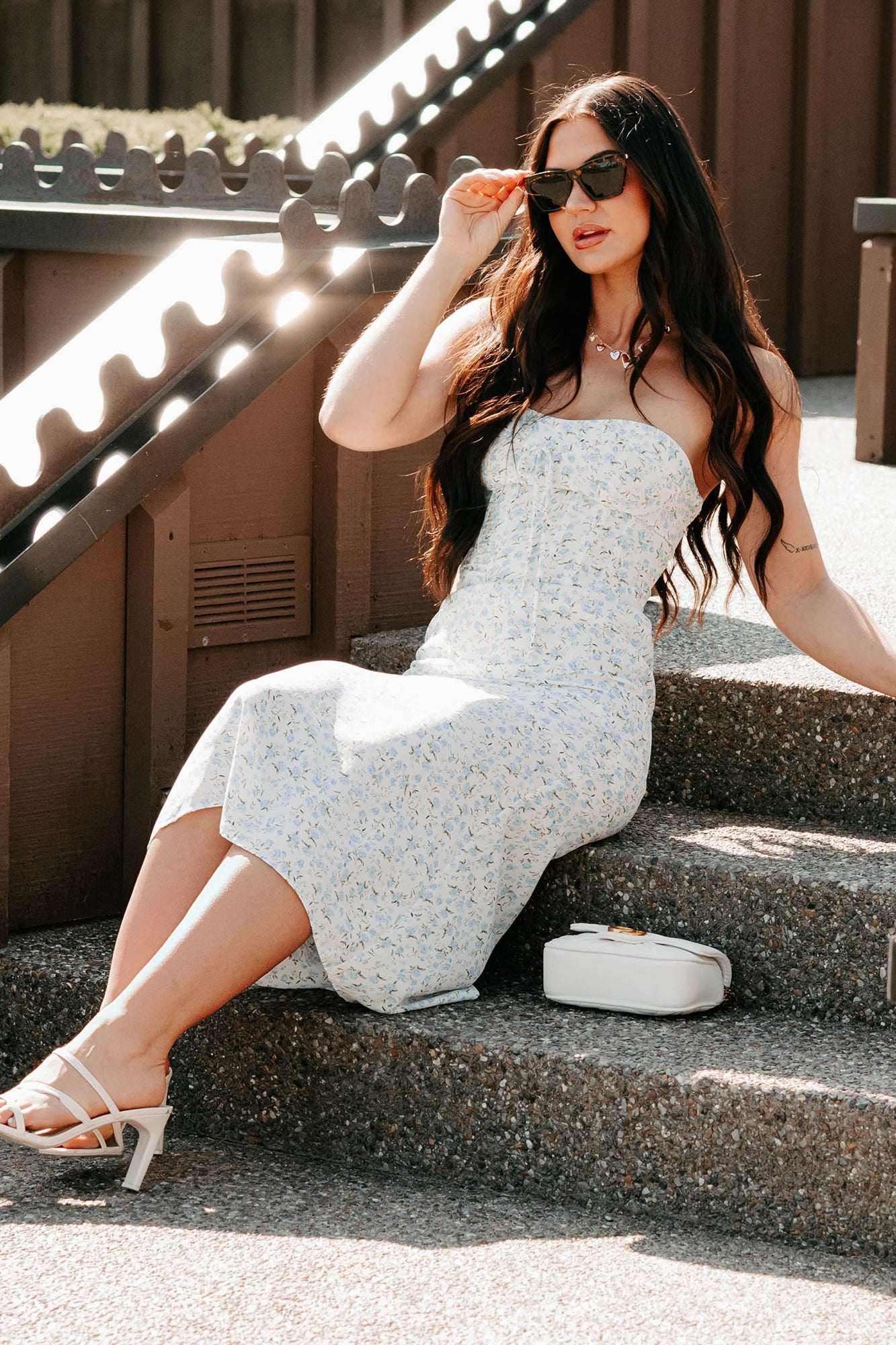 Authentically Me Strapless Floral Midi Dress (Blue) - NanaMacs