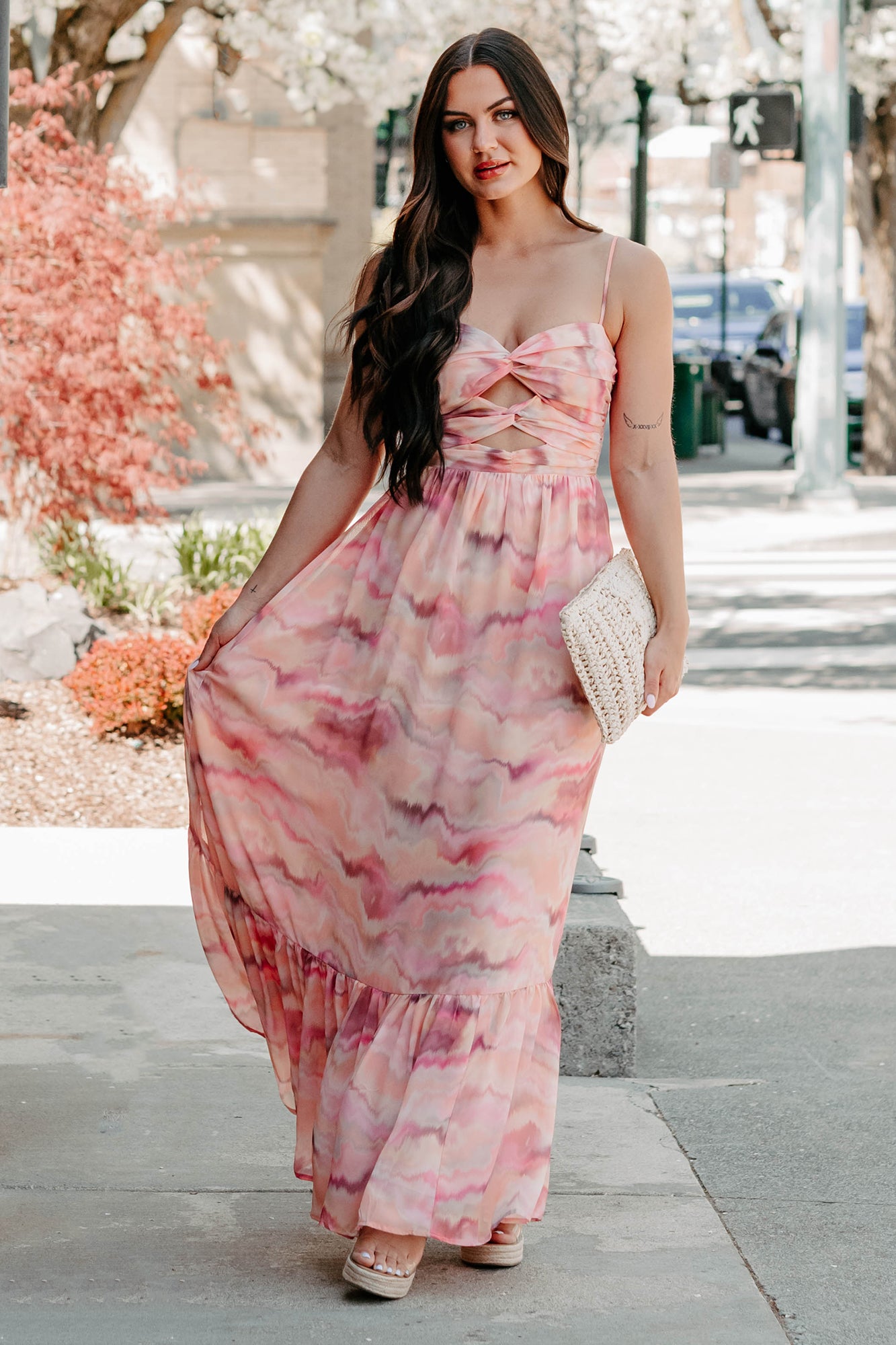 I Hope You Think Of Me Marble Printed Maxi Dress (Pink Multi) - NanaMacs
