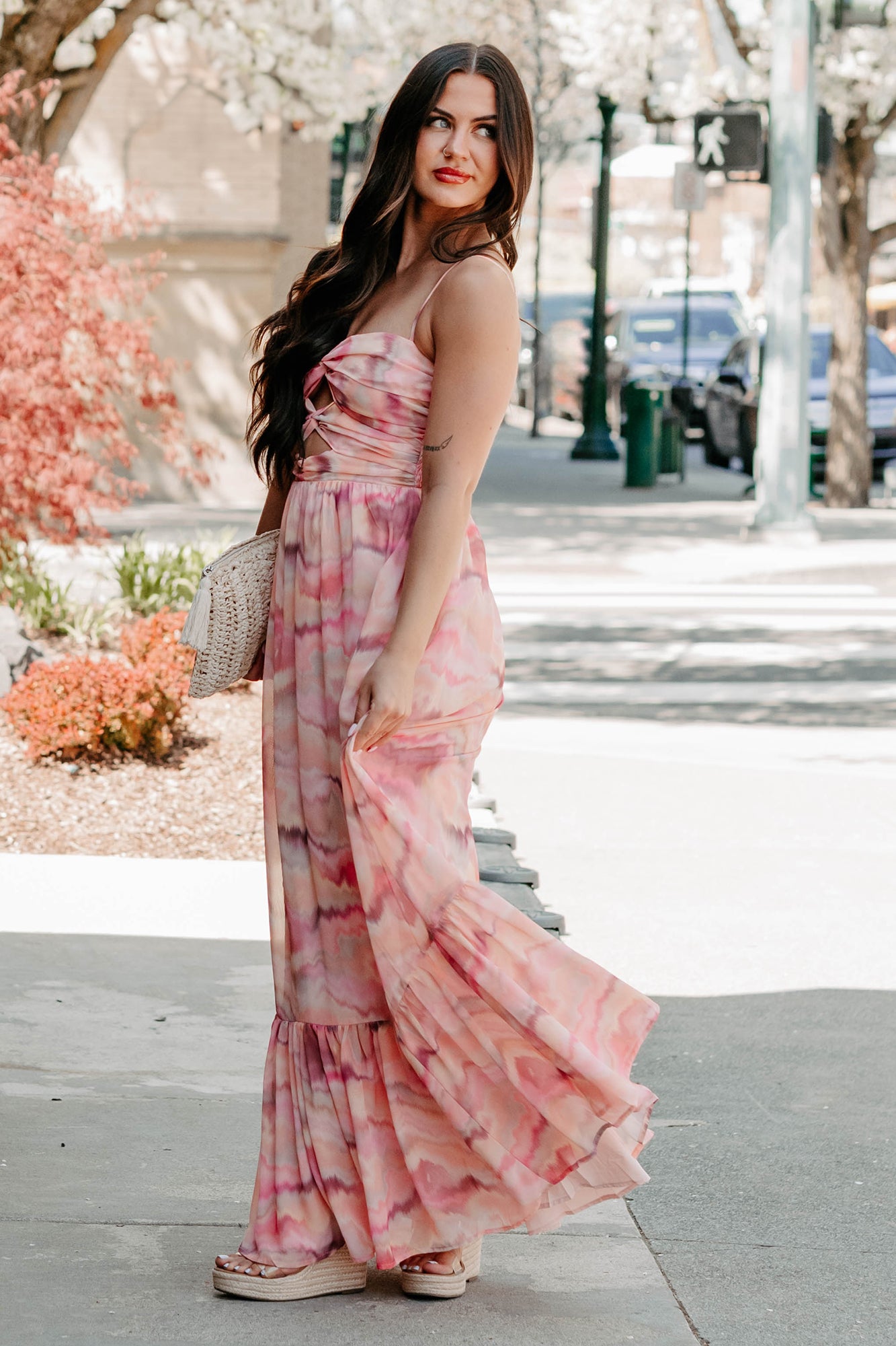 I Hope You Think Of Me Marble Printed Maxi Dress (Pink Multi) - NanaMacs