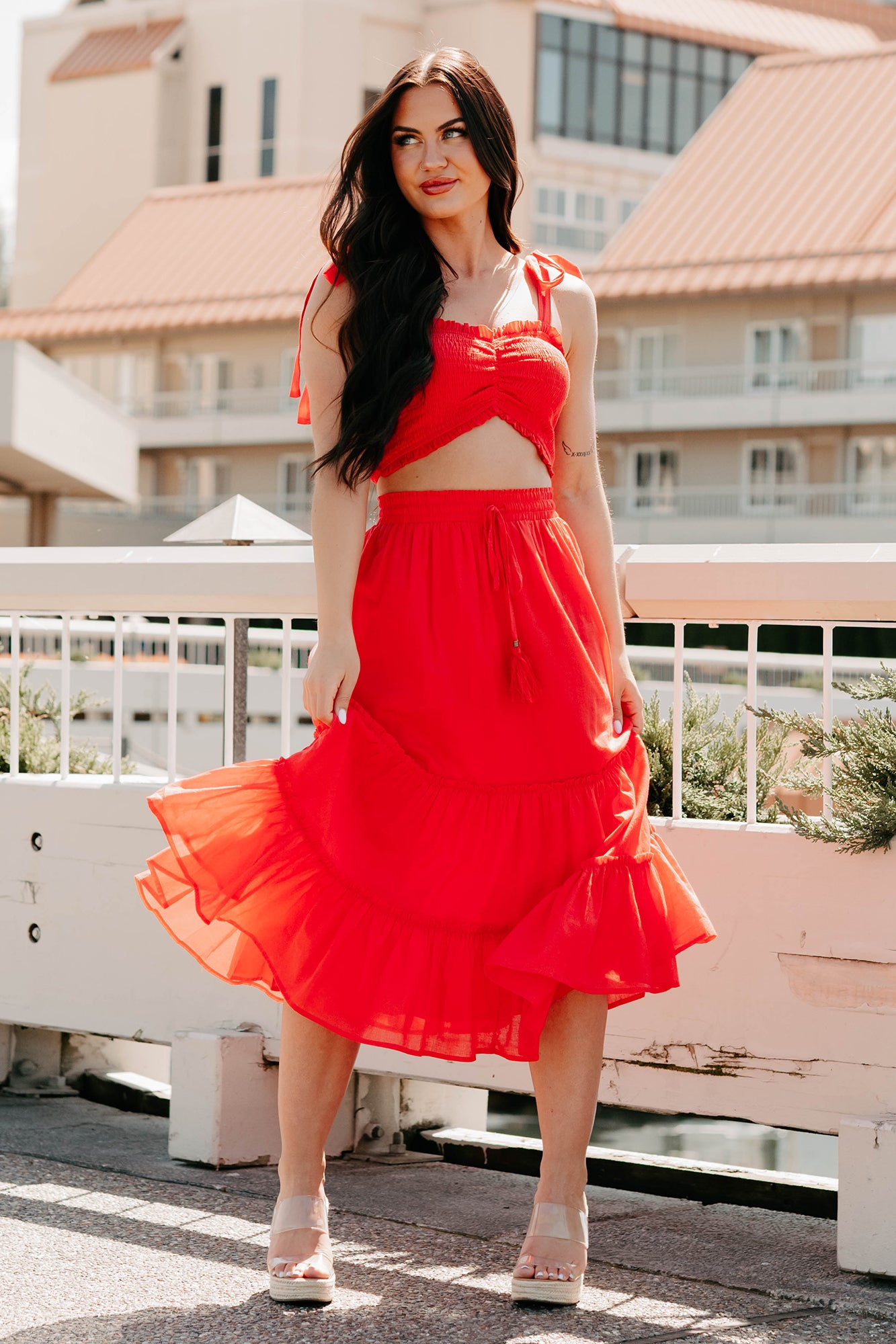 HYFVE Women's Soulful Glow Crop Top & Midi Skirt Set in Red