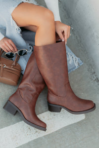 Off The Trail Mid-Calf Faux Leather Boots (Cognac) - NanaMacs