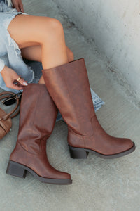 Off The Trail Mid-Calf Faux Leather Boots (Cognac) - NanaMacs
