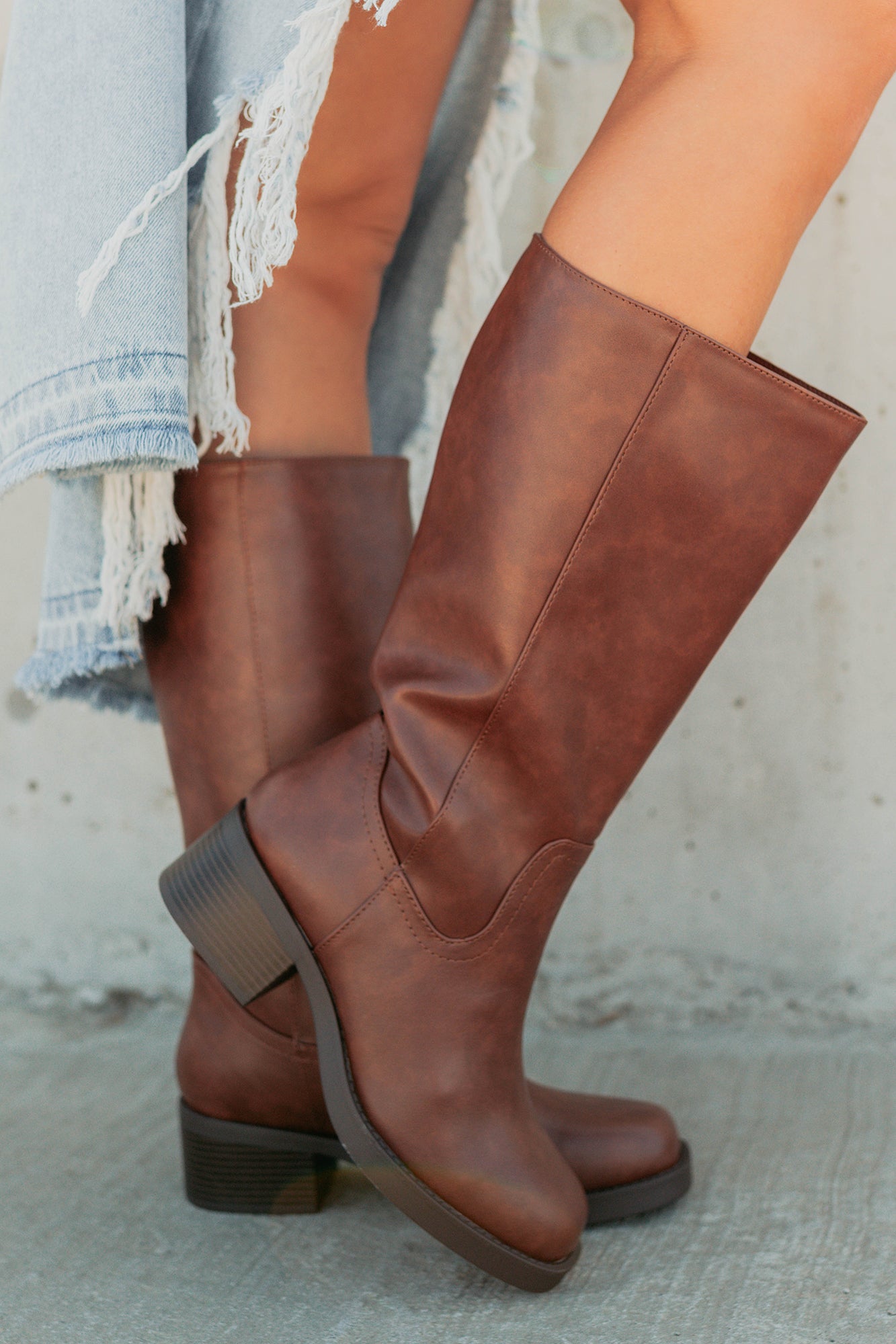 Off The Trail Mid-Calf Faux Leather Boots (Cognac) - NanaMacs