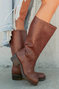 Off The Trail Mid-Calf Faux Leather Boots (Cognac) - NanaMacs