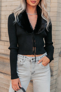 Glitz Happens Detachable Fur Collar Top (Black) - NanaMacs