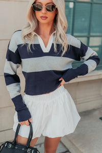 Lost Abroad Striped Knit Polo Top (Navy/Grey) - NanaMacs