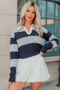 Lost Abroad Striped Knit Polo Top (Navy/Grey) - NanaMacs