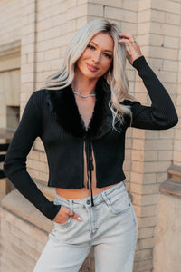 Glitz Happens Detachable Fur Collar Top (Black) - NanaMacs