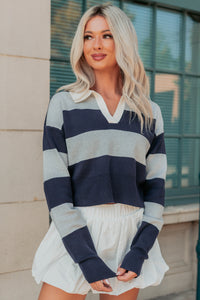 Lost Abroad Striped Knit Polo Top (Navy/Grey) - NanaMacs