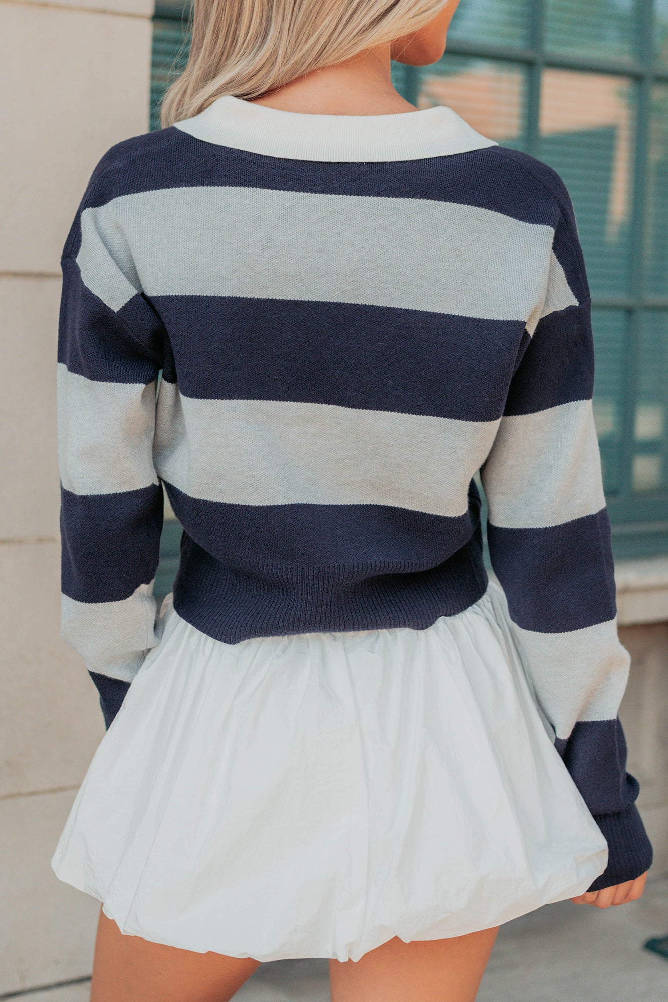 Lost Abroad Striped Knit Polo Top (Navy/Grey) - NanaMacs
