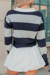 Lost Abroad Striped Knit Polo Top (Navy/Grey) - NanaMacs