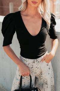 Limitless Nights Deep V Puff Sleeve FORE Bodysuit (Black) - NanaMacs