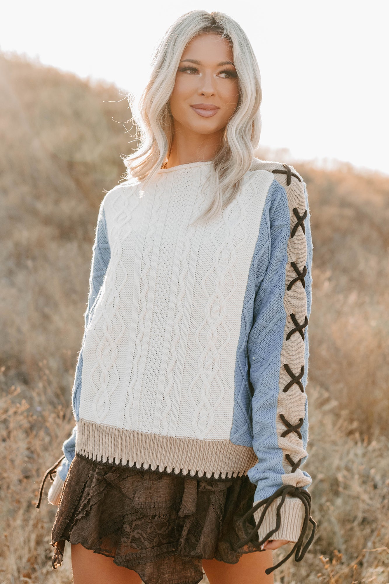 Full-Time Fun Colorblock Cable Knit Sweater (Ivory) - NanaMacs