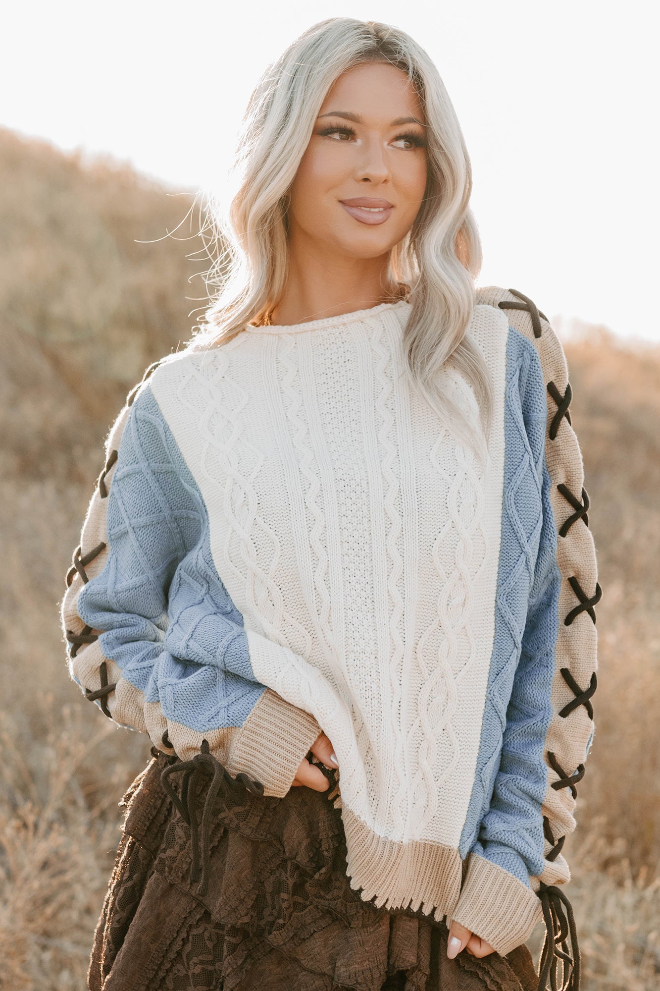 Full-Time Fun Colorblock Cable Knit Sweater (Ivory) - NanaMacs