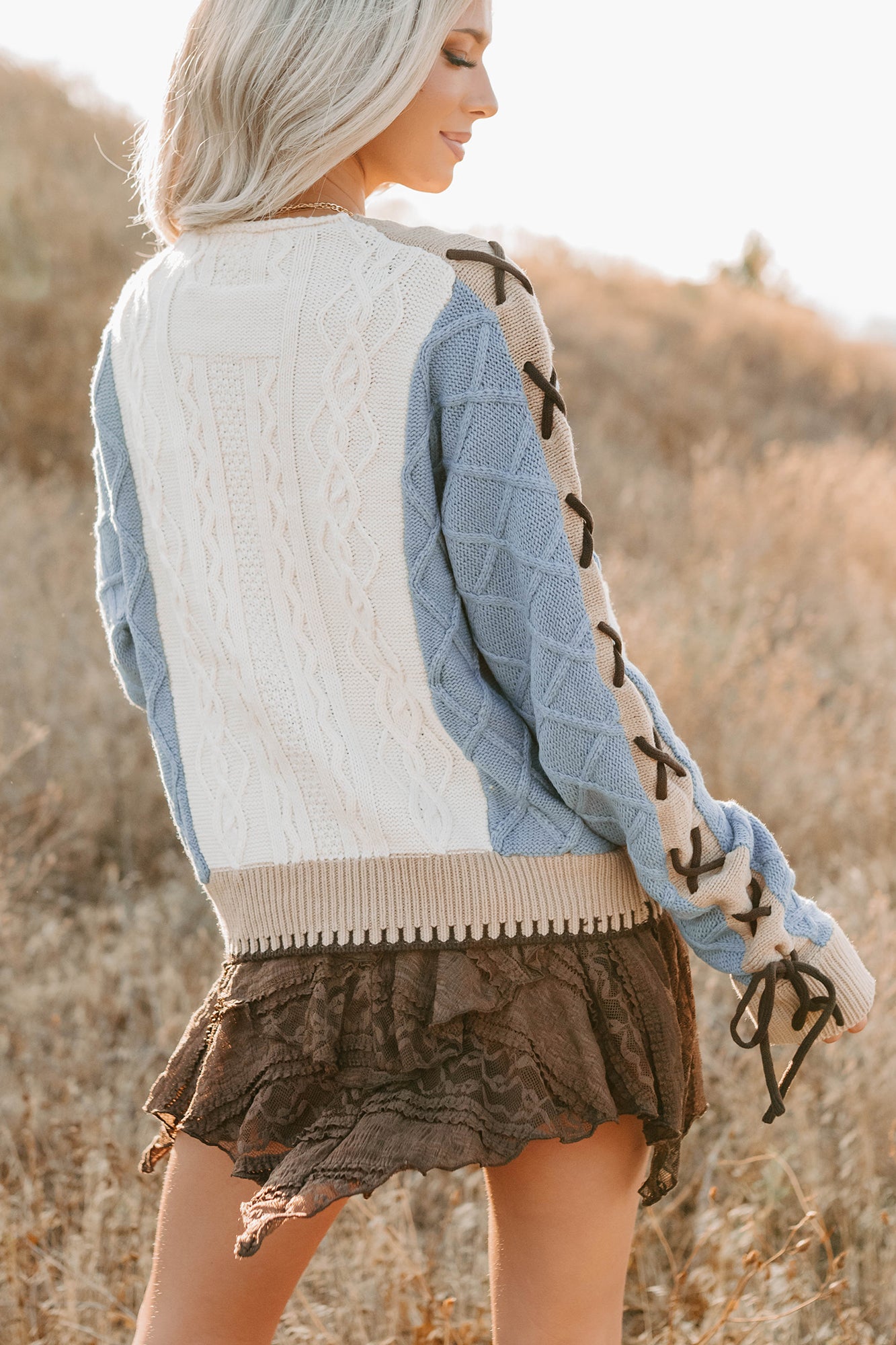 Full-Time Fun Colorblock Cable Knit Sweater (Ivory) - NanaMacs