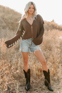 Fading Embers Stitch Sleeve Cardigan (Chocolate) - NanaMacs