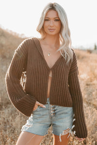 Fading Embers Stitch Sleeve Cardigan (Chocolate) - NanaMacs