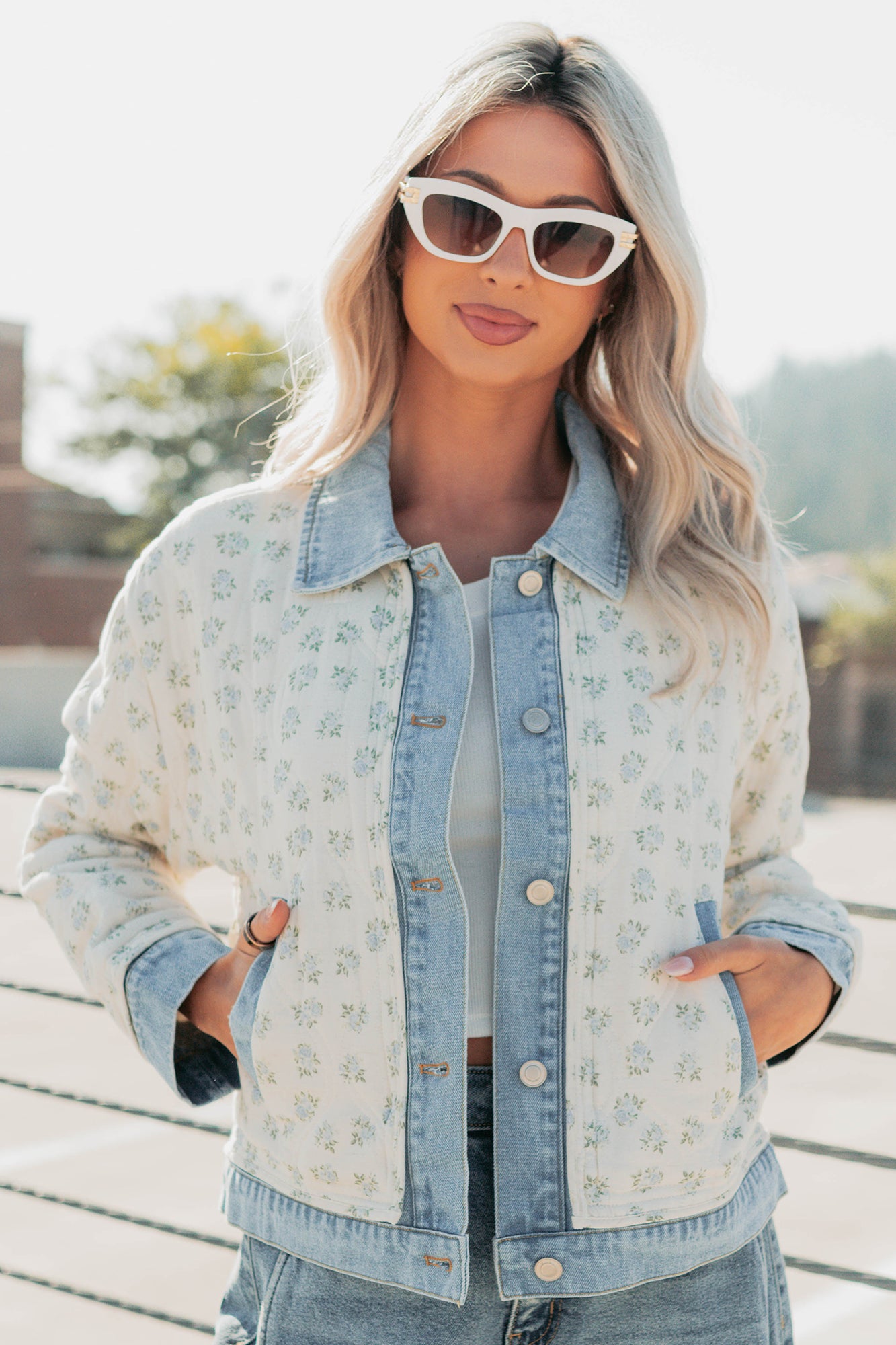 Breezy Mood Floral Quilted Denim Jacket (Ivory/Blue) - NanaMacs