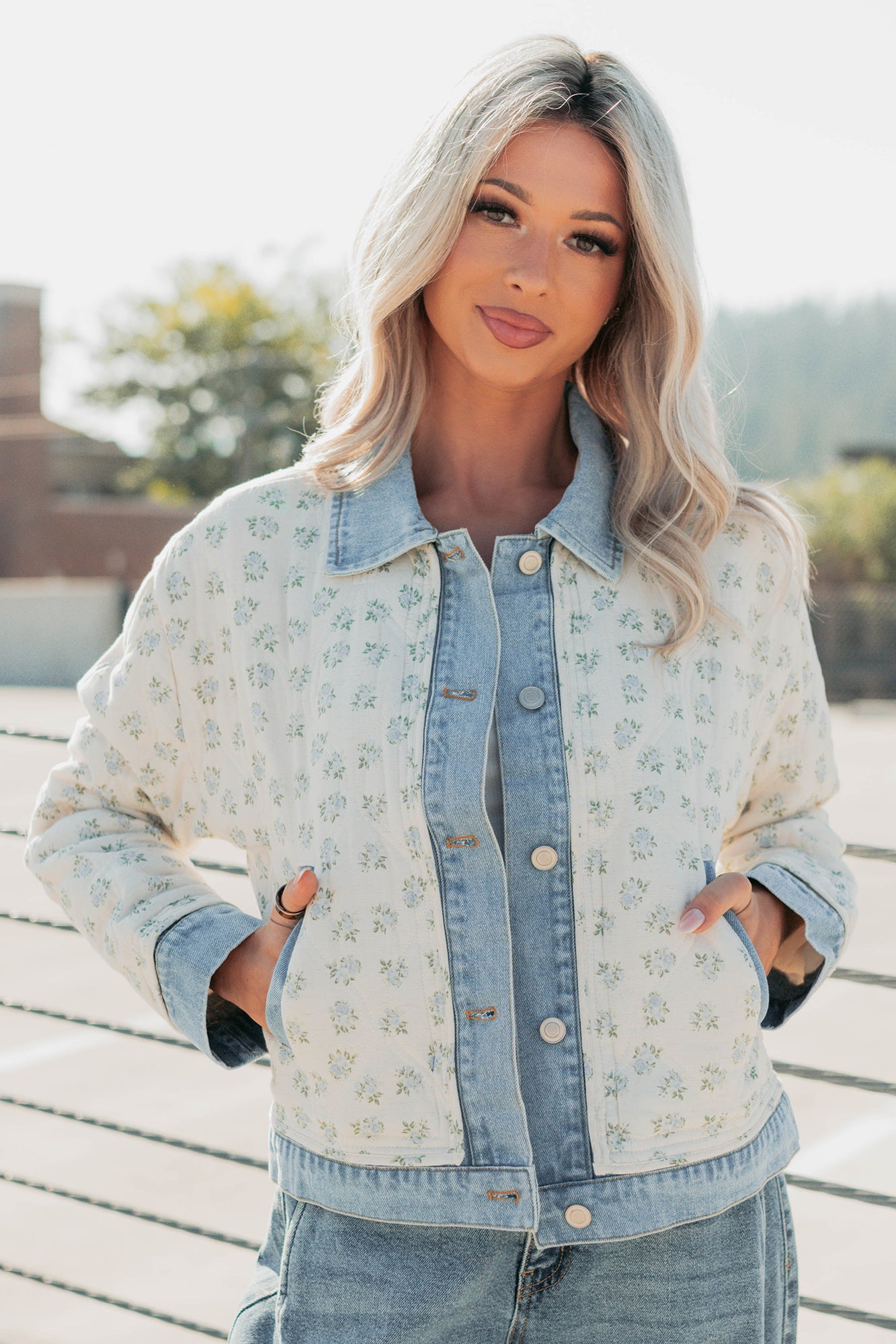 Breezy Mood Floral Quilted Denim Jacket (Ivory/Blue) - NanaMacs