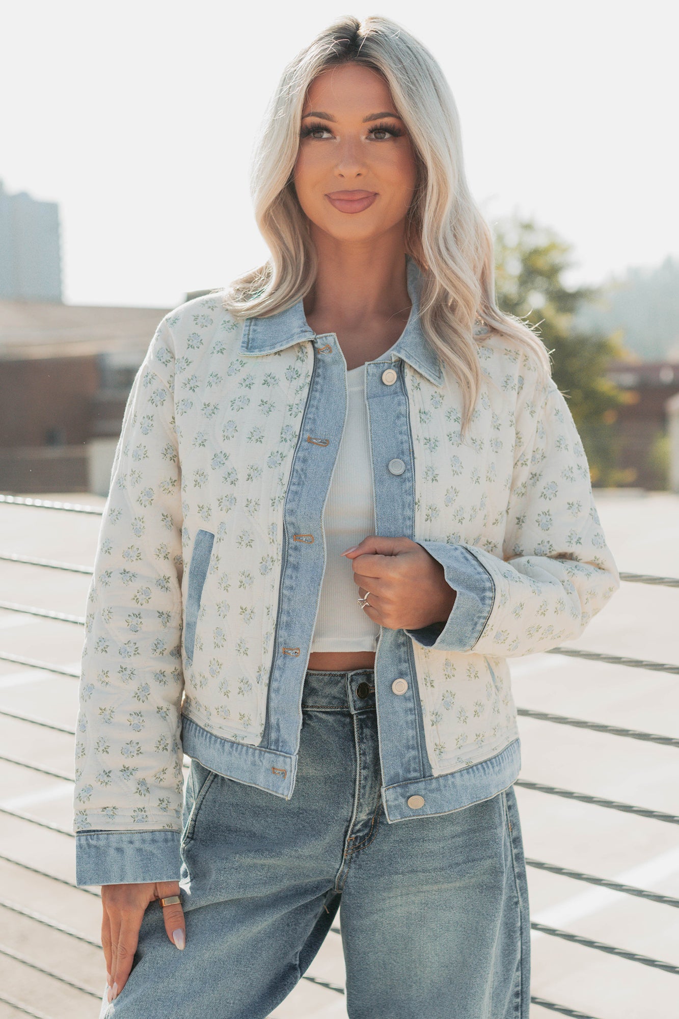 Breezy Mood Floral Quilted Denim Jacket (Ivory/Blue) - NanaMacs