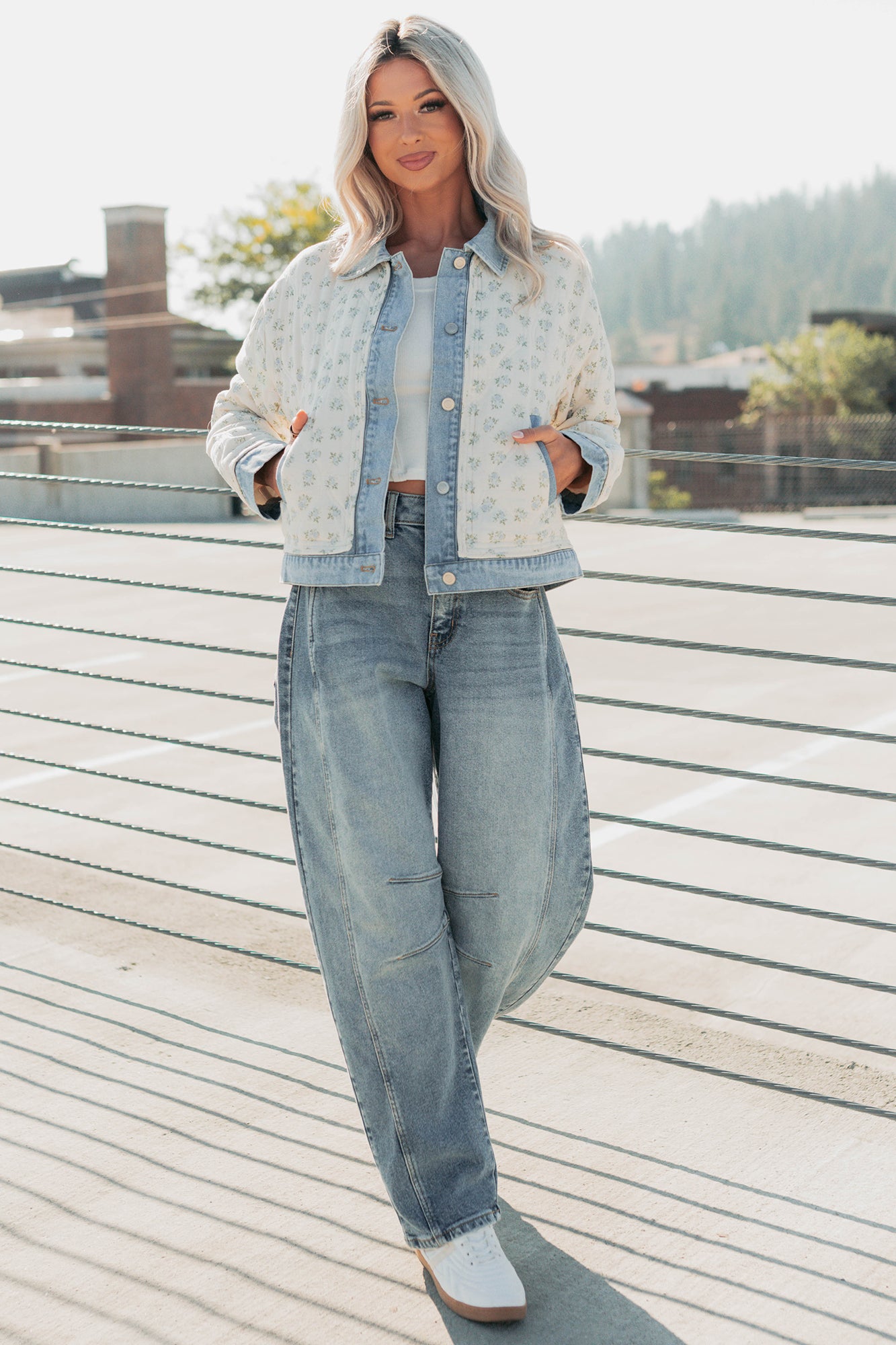 Breezy Mood Floral Quilted Denim Jacket (Ivory/Blue) - NanaMacs