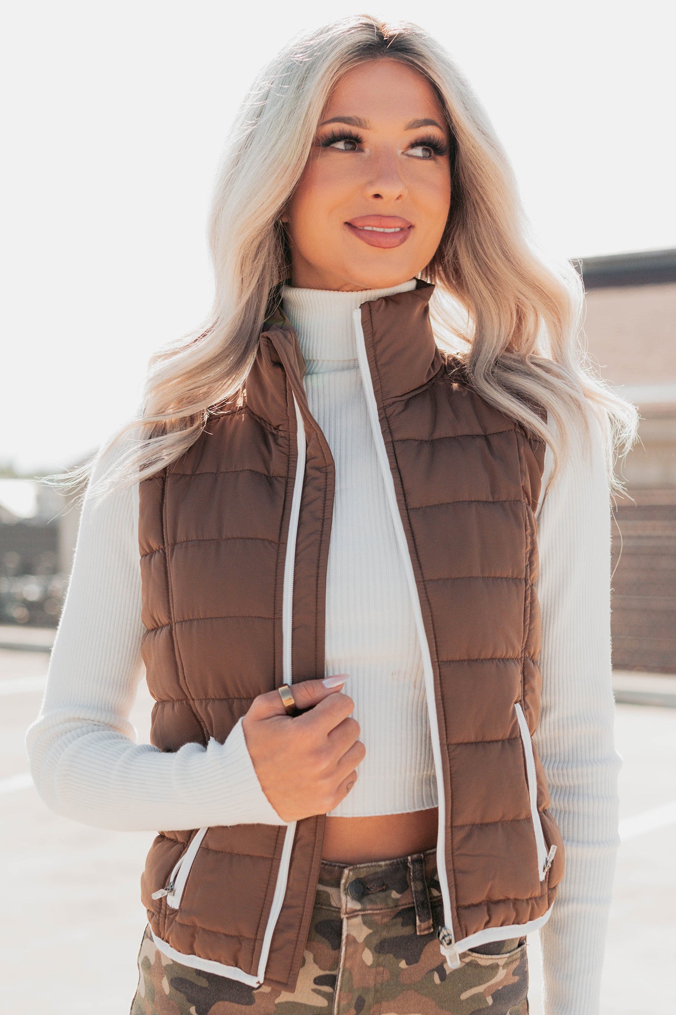 Pure Intentions Contrast Trim Puffer Vest (Mocha) - NanaMacs