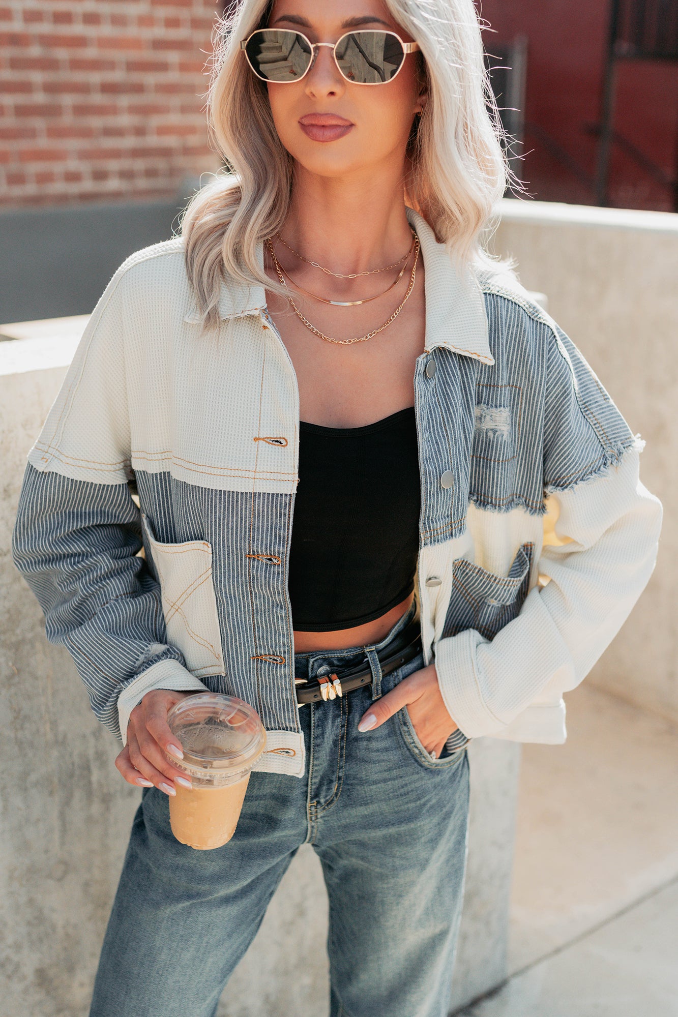 Honey Blush Waffle Denim POL Jacket (Ivory/Multi) - NanaMacs