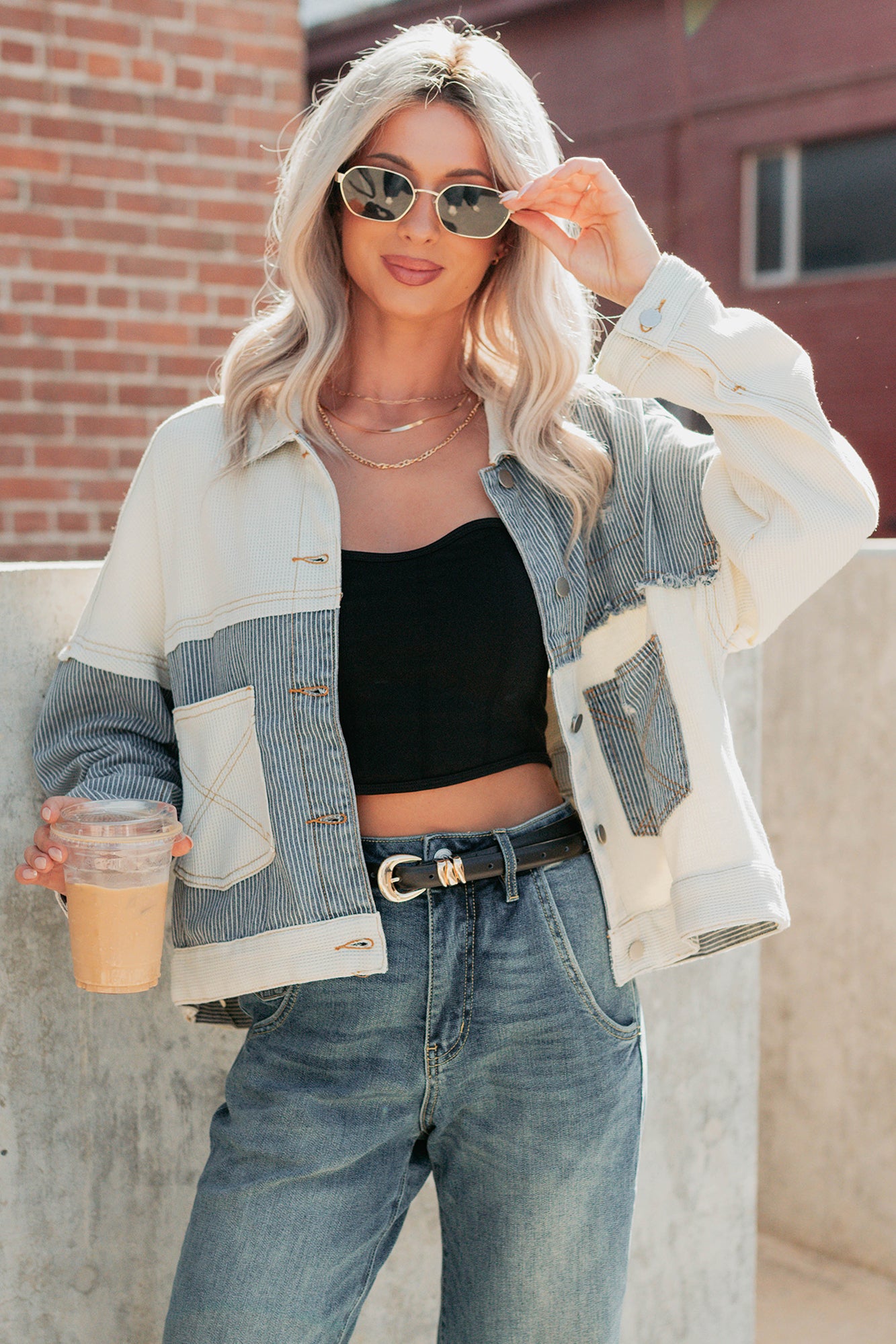 Honey Blush Waffle Denim POL Jacket (Ivory/Multi) - NanaMacs