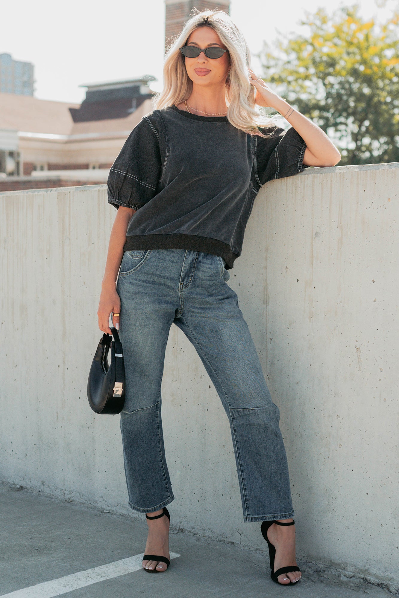 Serene Sparkle Washed Puff Sleeve Top (Vintage Black) - NanaMacs