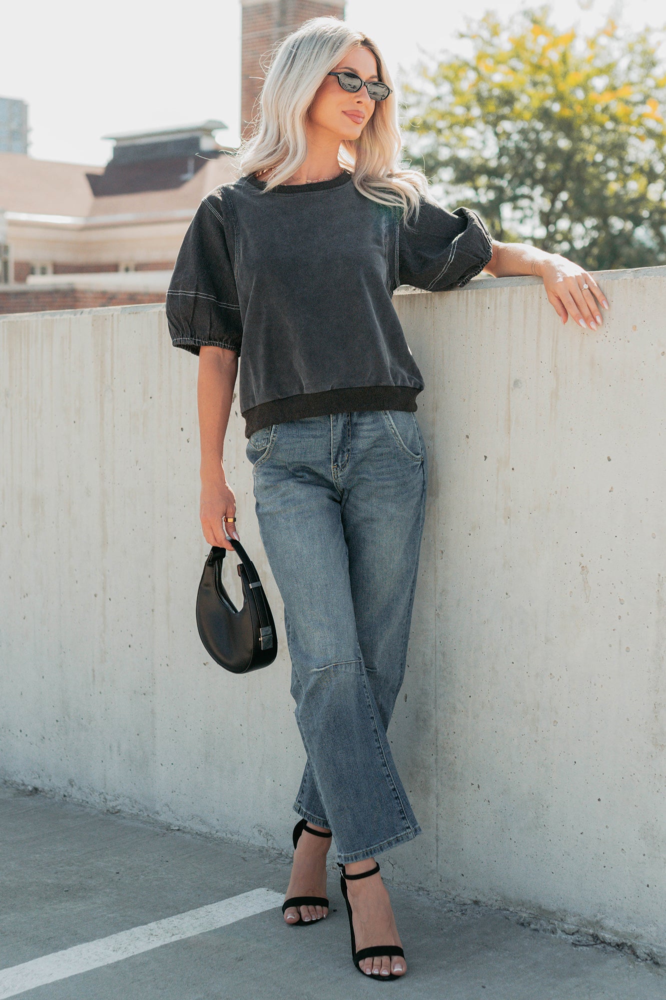 Serene Sparkle Washed Puff Sleeve Top (Vintage Black) - NanaMacs