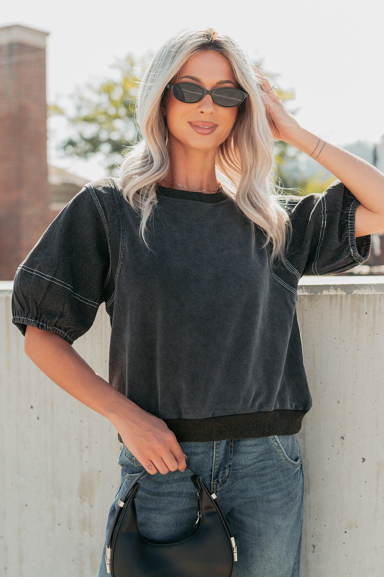 Serene Sparkle Washed Puff Sleeve Top (Vintage Black) - NanaMacs