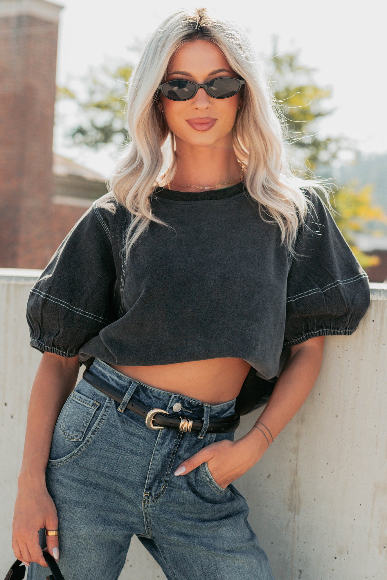 Serene Sparkle Washed Puff Sleeve Top (Vintage Black) - NanaMacs