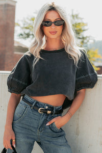 Serene Sparkle Washed Puff Sleeve Top (Vintage Black) - NanaMacs