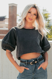 Serene Sparkle Washed Puff Sleeve Top (Vintage Black) - NanaMacs