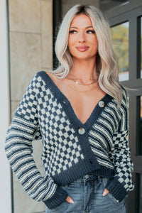 Tucked Away Checkered Stripe Knit Cardigan (Navy/Cream) - NanaMacs