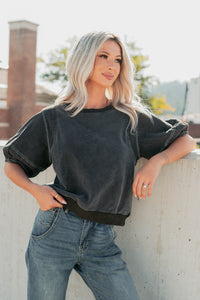 Serene Sparkle Washed Puff Sleeve Top (Vintage Black) - NanaMacs